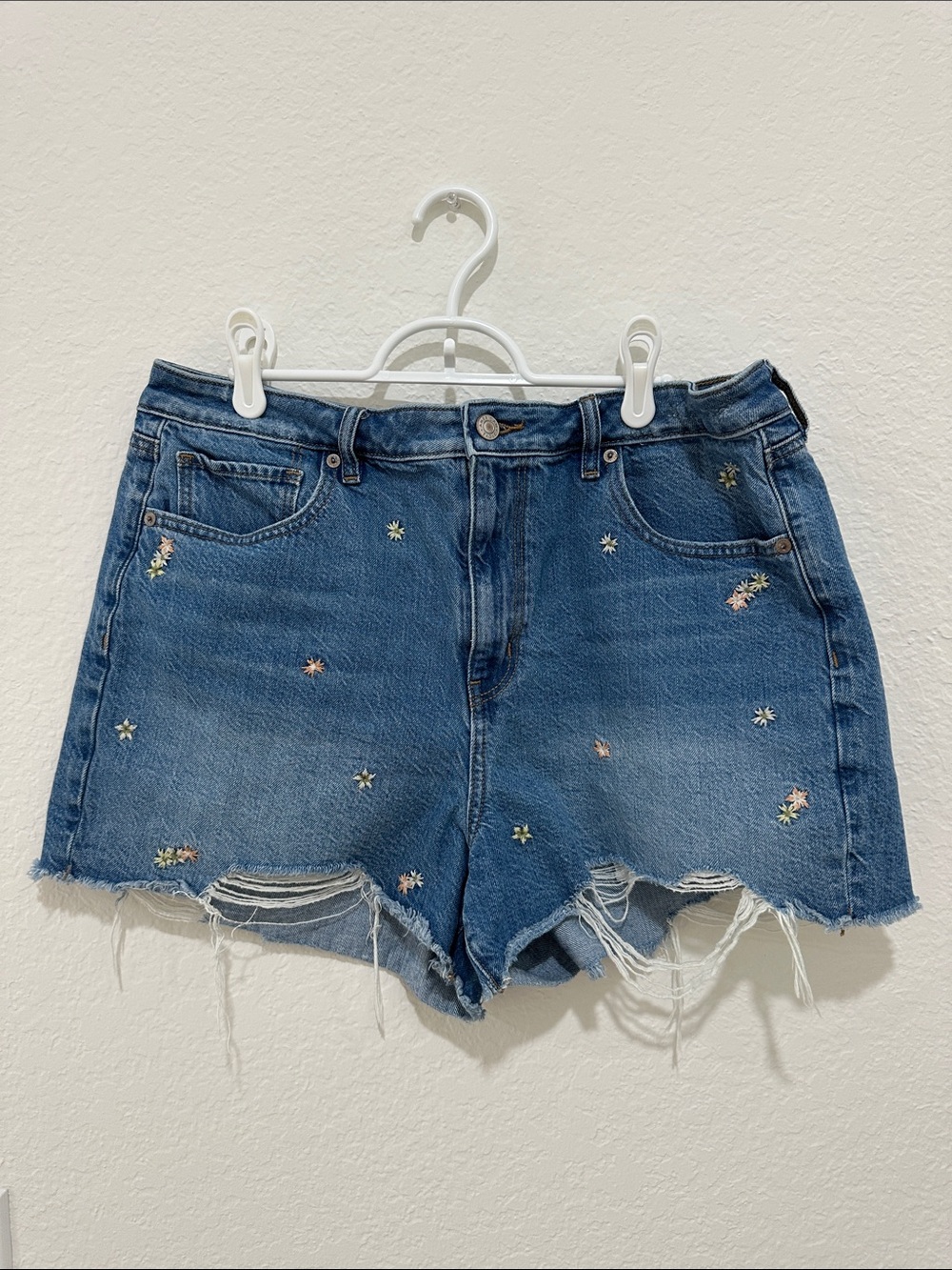 American Eagle Outfitters Blue Embroidered Distressed Denim Shorts